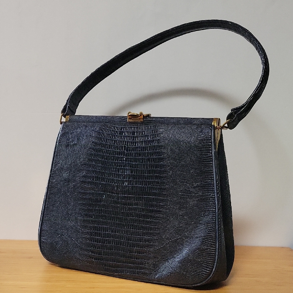 Structured Black Shoulder Bag with Croc-Embossed Texture